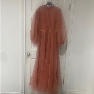 Rust-Tone Chiffon Maxi Dress with Sheer Puff Sleeves